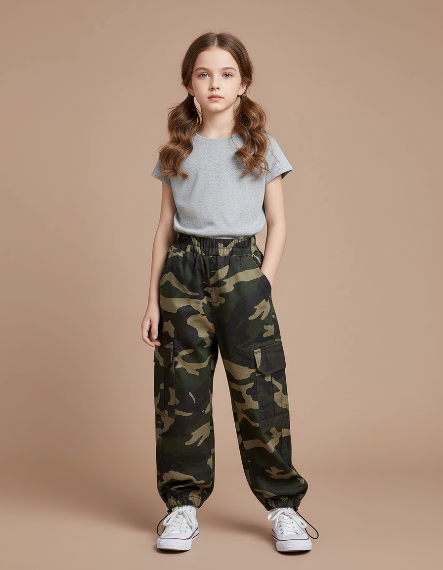 Pantalon Cargo Camouflage Ample Coton Streetwear Enfant - Imprimé
