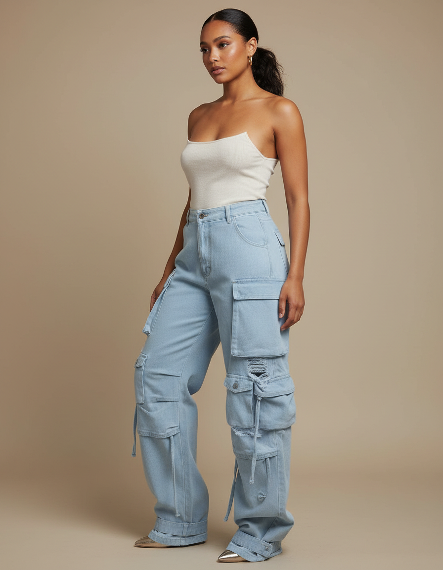 Pantalon Cargo Femme Ronde - Bleu Jean