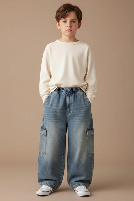 Pantalon Cargo Jean Ample Multipoches Enfant - Bleu