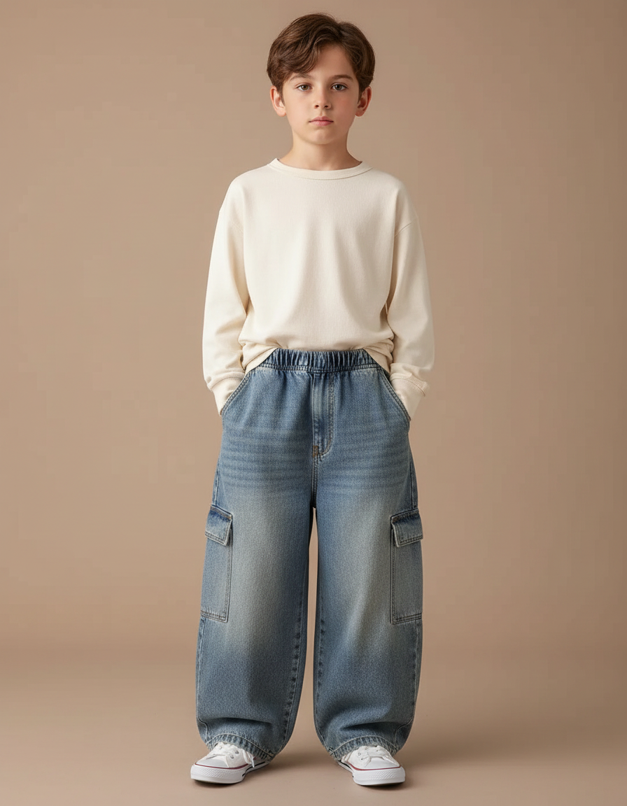 Pantalon Cargo Jean Ample Multipoches Enfant - Bleu