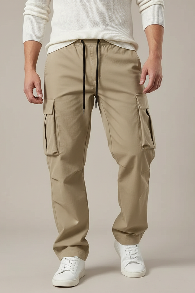 Pantalon Cargo Beige Décontracté Multipoches Cordon De Serrage - Gabardine