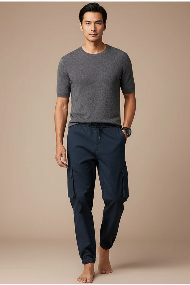Pantalon Cargo Bleu Marine Jogger Cordon Homme - Toile