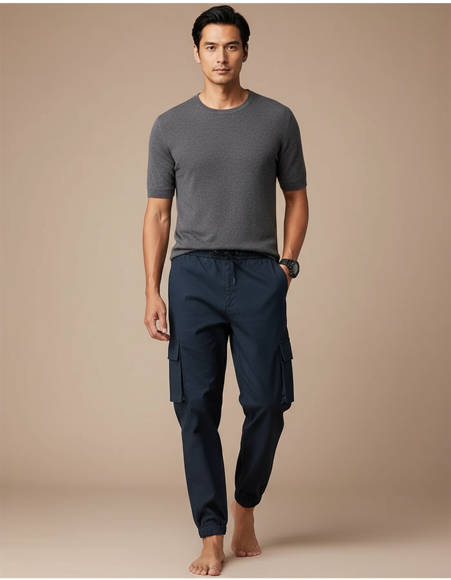 Pantalon Cargo Bleu Marine Jogger Cordon Homme - Toile