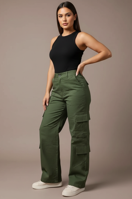 Pantalon Cargo Vert Militaire Ample Femme - Toile