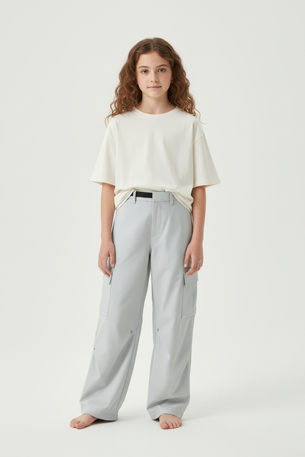 Pantalon Cargo Ample Gris Clair, Coupe Droite, Fille - Polyester