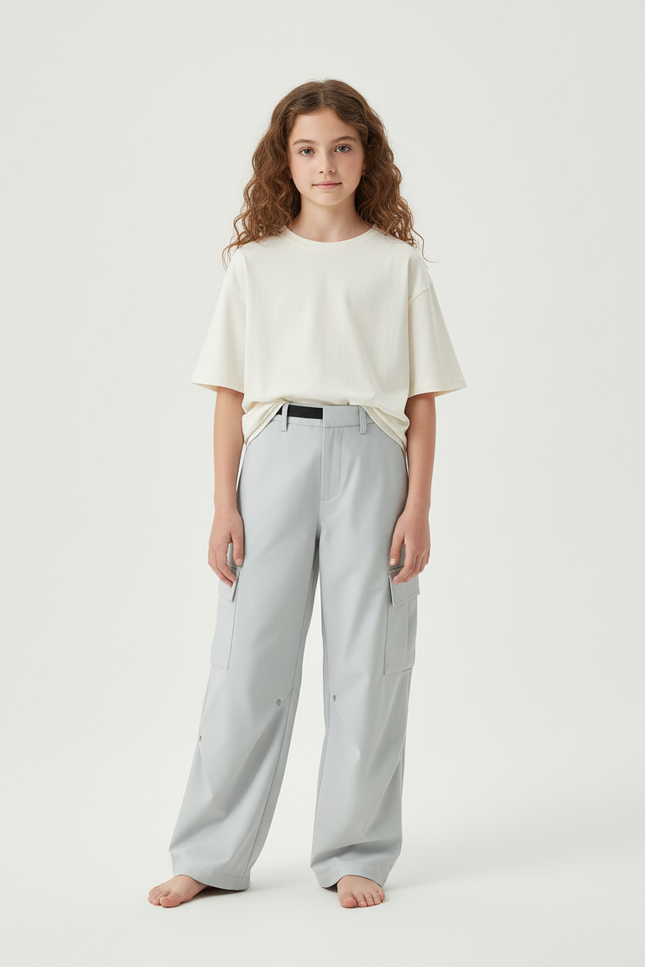 Pantalon Cargo Ample Gris Clair, Coupe Droite, Fille - Polyester