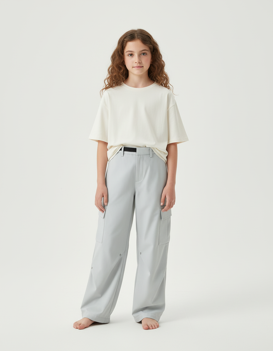 Pantalon Cargo Ample Gris Clair, Coupe Droite, Fille - Polyester
