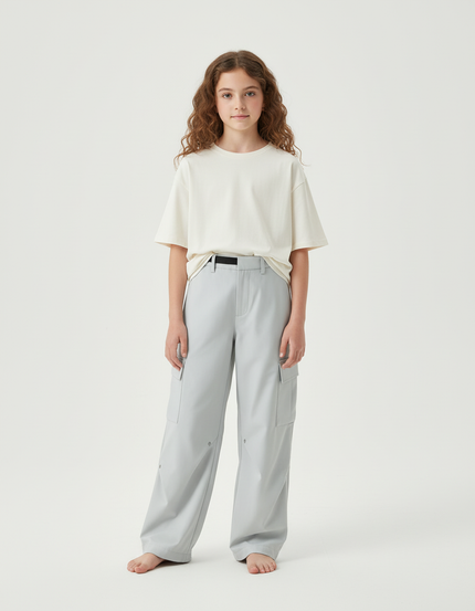Pantalon Cargo Ample Gris Clair, Coupe Droite, Fille - Polyester