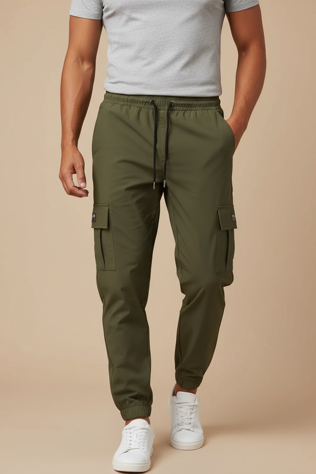 Pantalon Cargo Homme Vert Cordon Serrage Jogger Multipoches - Kaki Polyester