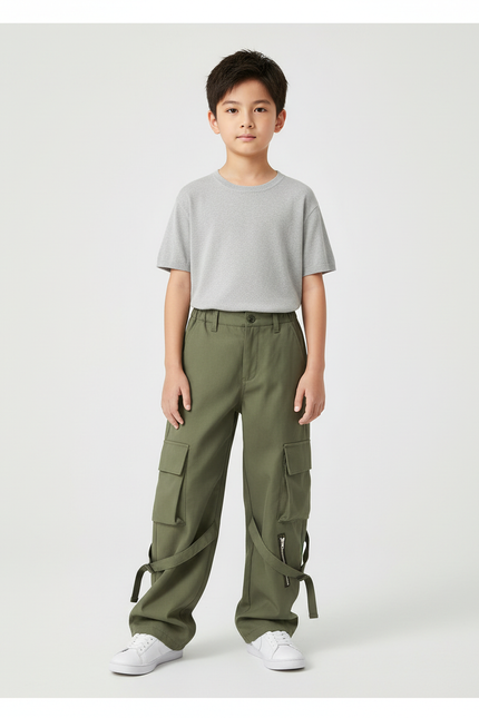 Pantalon Cargo Vert Militaire Ample Multipoches Zippé - Kaki Toile