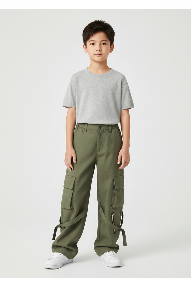 Pantalon Cargo Vert Militaire Ample Multipoches Zippé - Kaki Toile