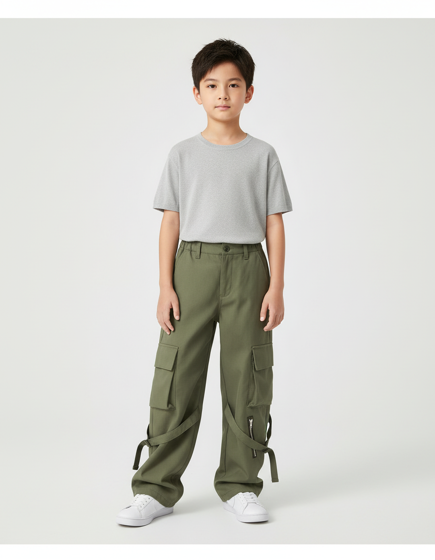 Pantalon Cargo Vert Militaire Ample Multipoches Zippé - Kaki Toile