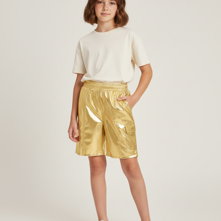 Pantalon Cargo Métallique Doré Brillant Fille Elastique - Simili cuir