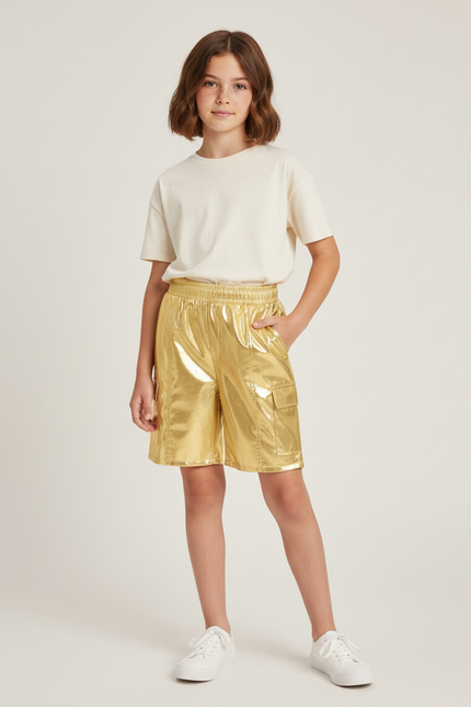 Pantalon Cargo Métallique Doré Brillant Fille Elastique - Simili cuir