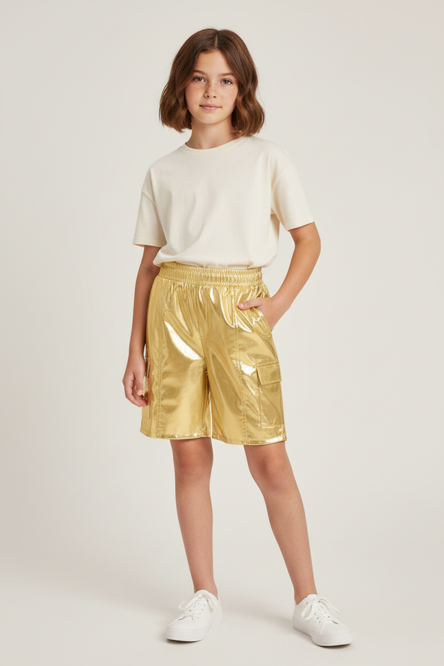 Pantalon Cargo Métallique Doré Brillant Fille Elastique - Simili cuir