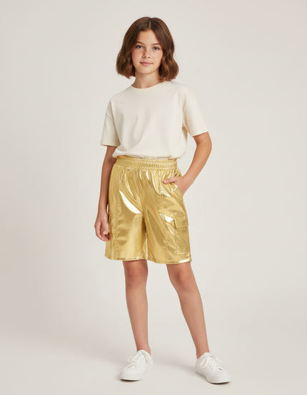 Pantalon Cargo Métallique Doré Brillant Fille Elastique - Simili cuir