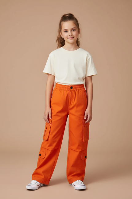 Pantalon Cargo Orange Ample Enfant Poches - Toile