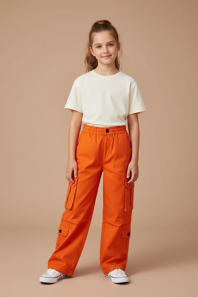 Pantalon Cargo Orange Ample Enfant Poches - Toile