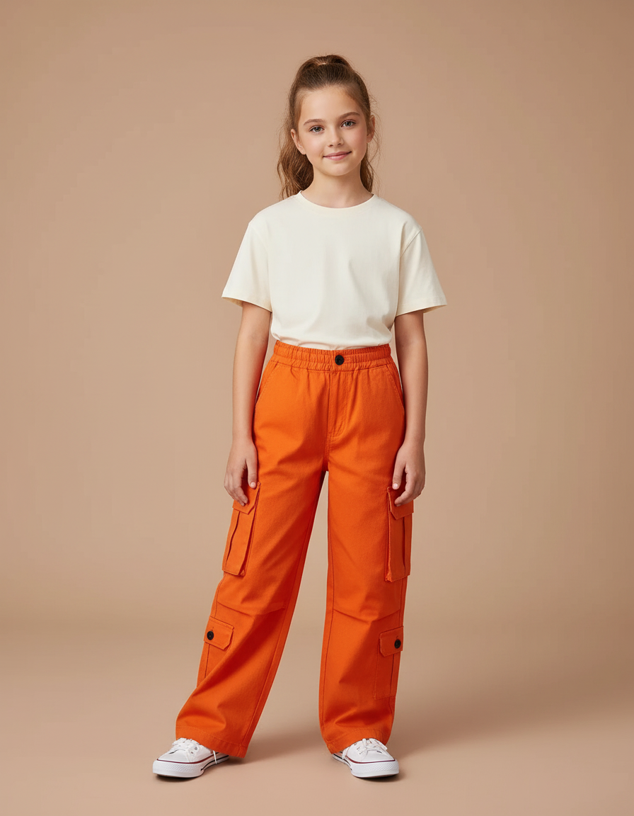 Pantalon Cargo Orange Ample Enfant Poches - Toile