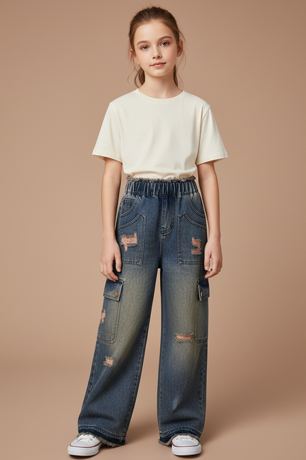 Pantalon Cargo Jean Ample Délavé Poches Enfant - Bleu
