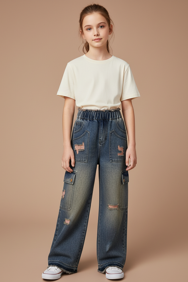 Pantalon Cargo Jean Ample Délavé Poches Enfant - Bleu