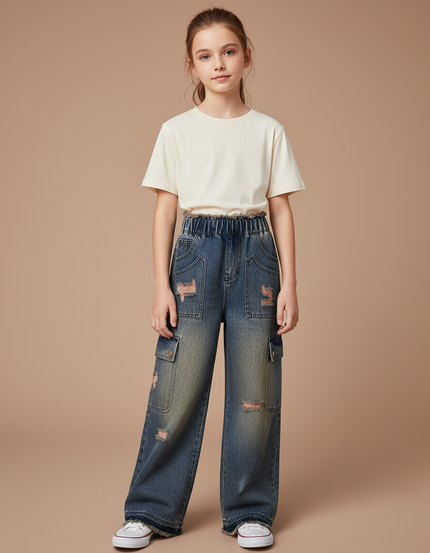 Pantalon Cargo Jean Ample Délavé Poches Enfant - Bleu