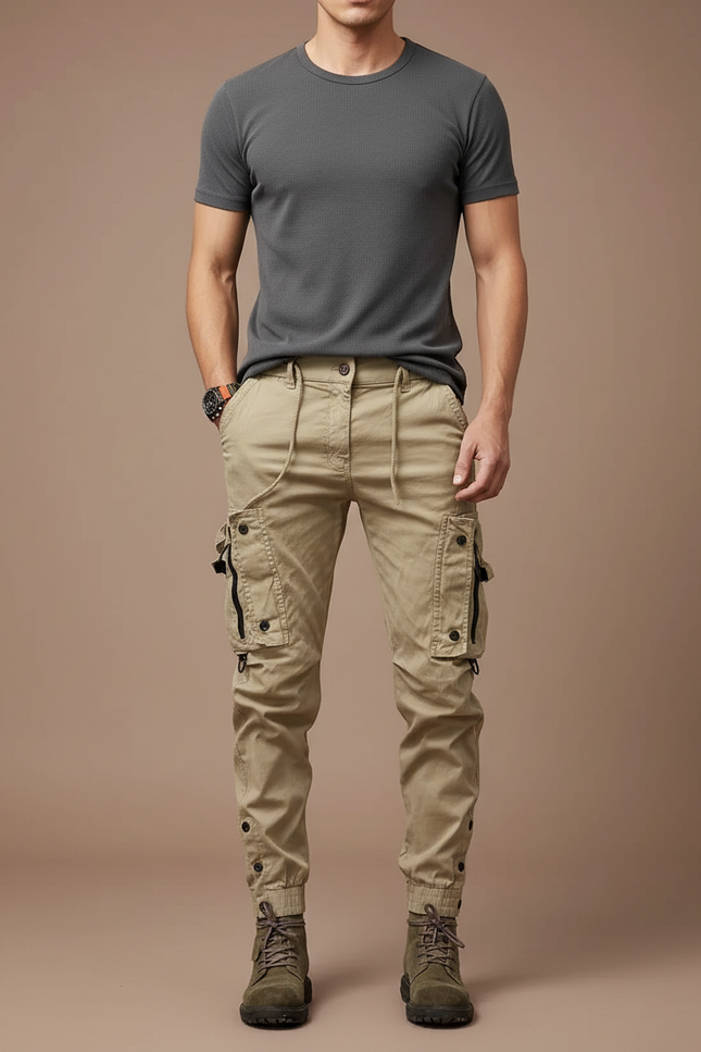 Pantalon Cargo Homme Slim Beige Multipoches Décontracté - Toile