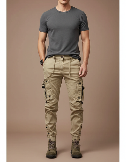 Pantalon Cargo Homme Slim Beige Multipoches Décontracté - Toile