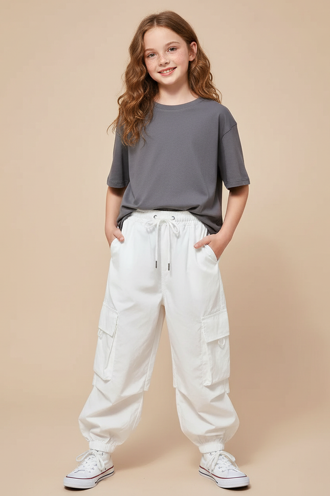 Pantalon Cargo Blanc Ample Poches Fille - Toile