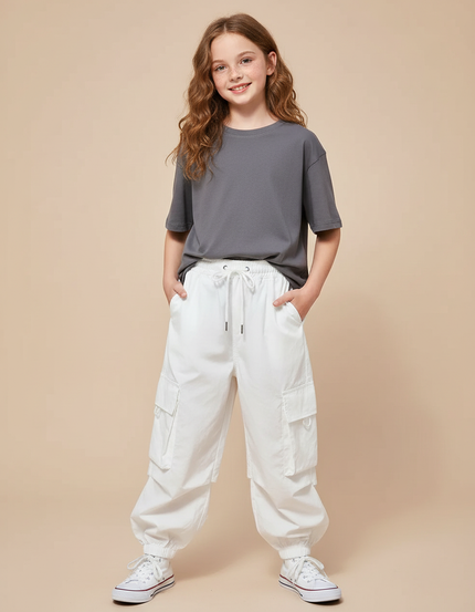 Pantalon Cargo Blanc Ample Poches Fille - Toile