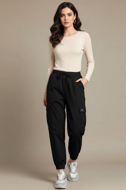 Pantalon Cargo Noir Femme Taille Haute Jogger - Polyester
