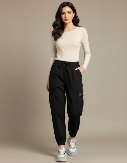 Pantalon Cargo Noir Femme Taille Haute Jogger - Polyester