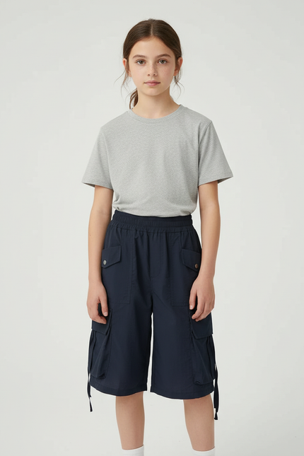 Pantalon Cargo Enfant Bleu Marine Fluide Multipoches - Polyester