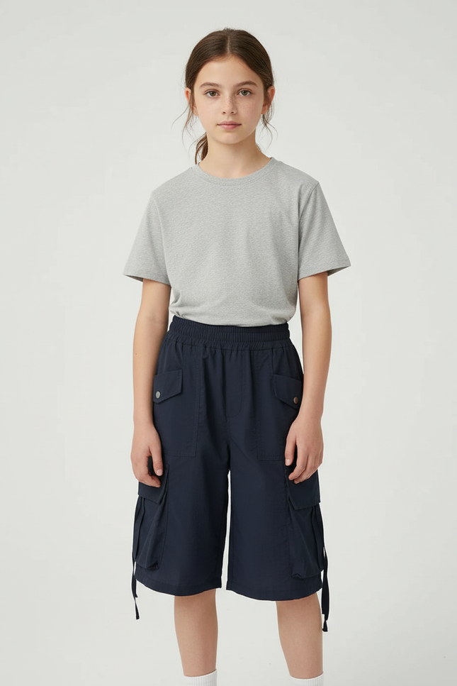 Pantalon Cargo Enfant Bleu Marine Fluide Multipoches - Polyester
