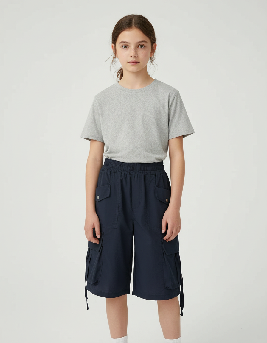 Pantalon Cargo Enfant Bleu Marine Fluide Multipoches - Polyester