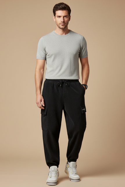 Pantalon Cargo Noir Côtelé Ample Homme Cordon - Cordé