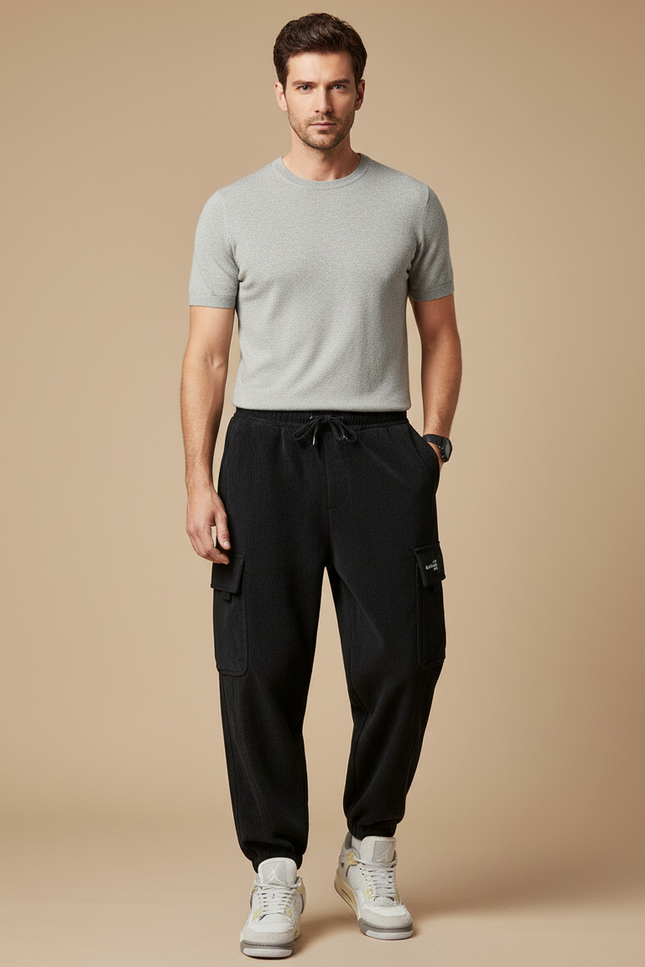 Pantalon Cargo Noir Côtelé Ample Homme Cordon - Cordé