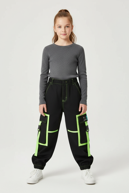 Pantalon Cargo Noir Fluo Multipoches Décontracté Enfant - Polyester