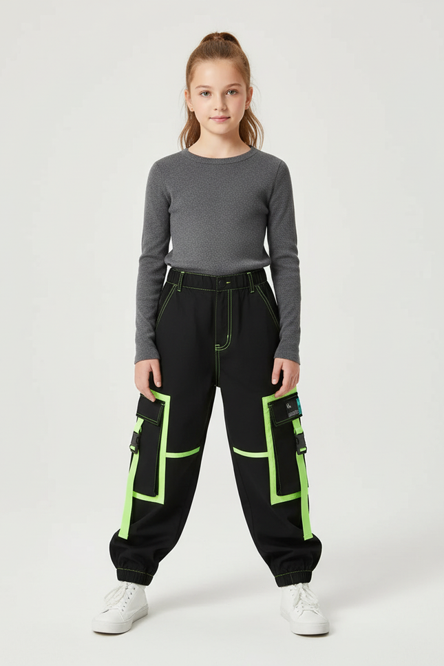 Pantalon Cargo Noir Fluo Multipoches Décontracté Enfant - Polyester