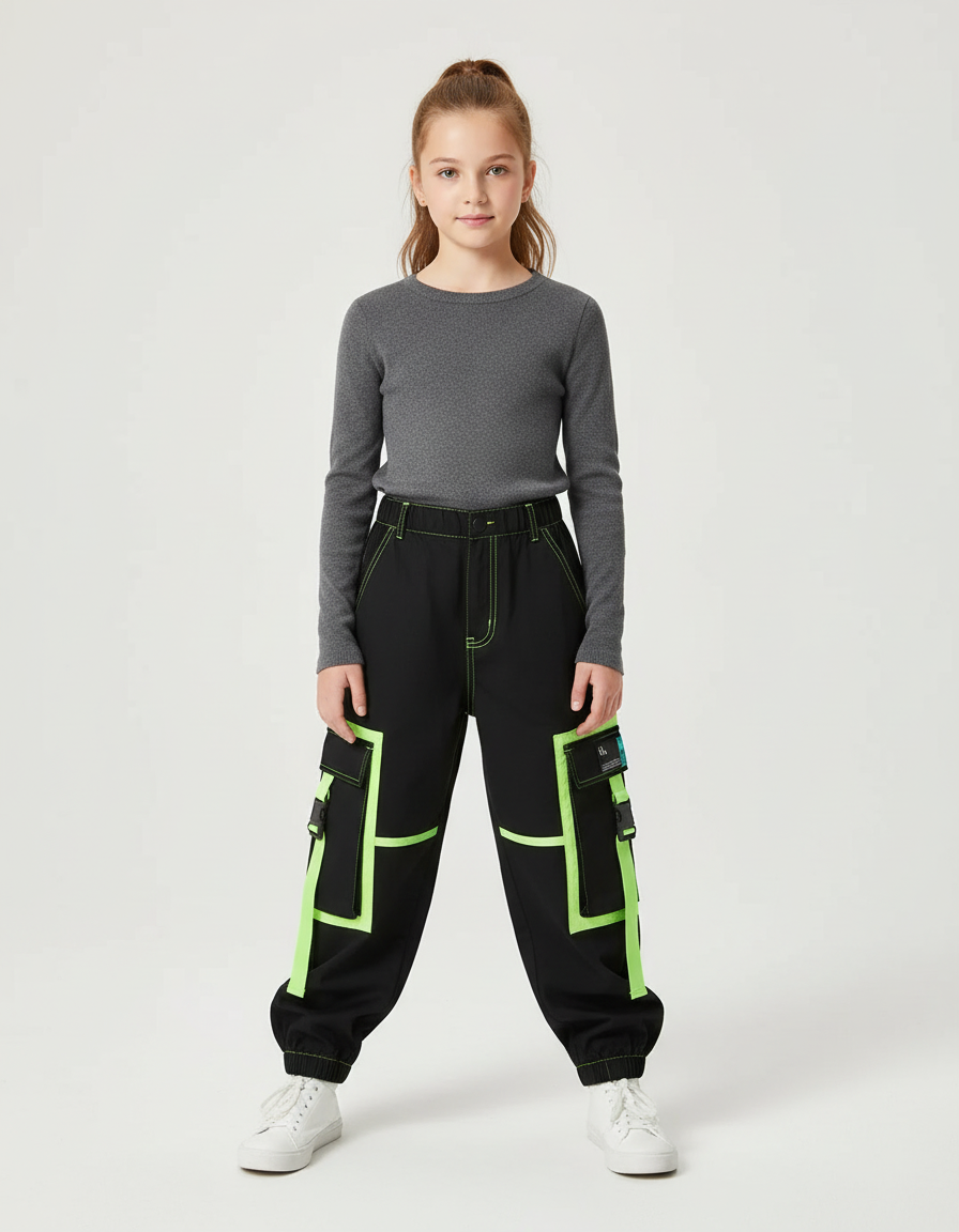 Pantalon Cargo Noir Fluo Multipoches Décontracté Enfant - Polyester