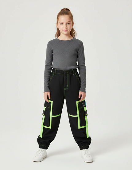 Pantalon Cargo Noir Fluo Multipoches Décontracté Enfant - Polyester