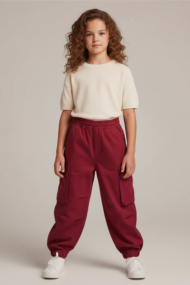 Pantalon Cargo Rouge Ample Multipoches Streetwear Enfant - Bordeaux Coton