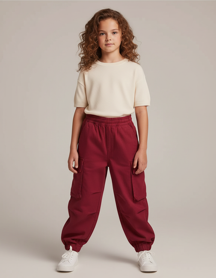 Pantalon Cargo Rouge Ample Multipoches Streetwear Enfant - Bordeaux Coton