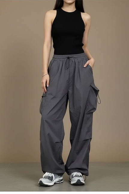 Pantalon Cargo Gris Ample Décontracté Streetwear Poches - Polyester