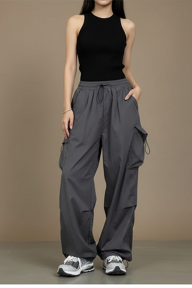 Pantalon Cargo Gris Ample Décontracté Streetwear Poches - Polyester