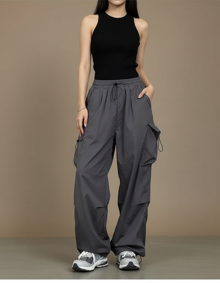 Pantalon Cargo Gris Ample Décontracté Streetwear Poches - Polyester
