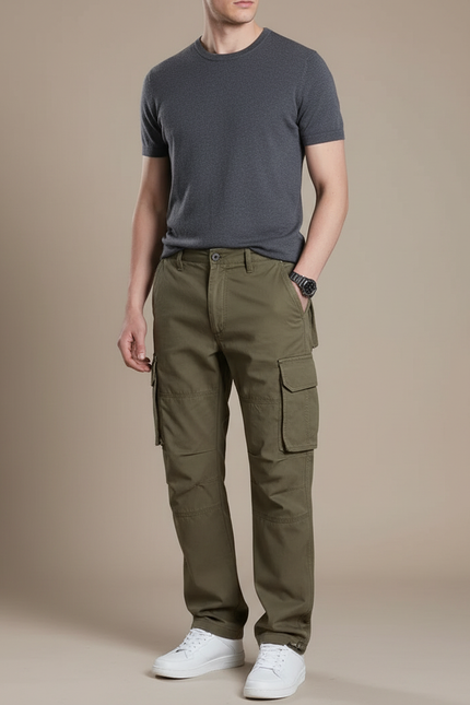 Pantalon Cargo Kaki Coton Ample Multipoches Décontracté - Toile