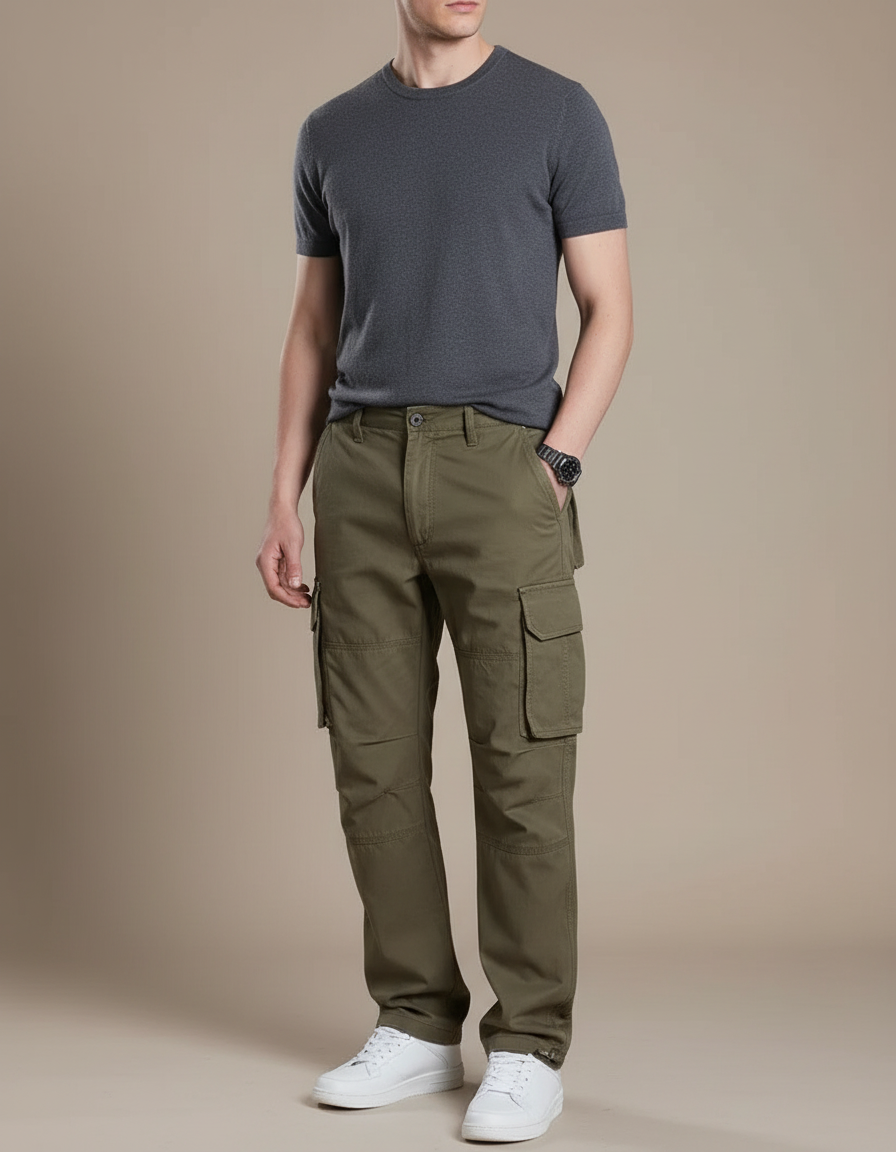 Pantalon Cargo Kaki Coton Ample Multipoches Décontracté - Toile