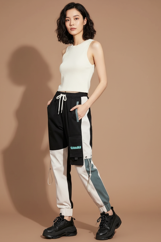 Pantalon Cargo Bicolore Ample Streetwear Femme Multi-Poches - Multicolore Gabardine