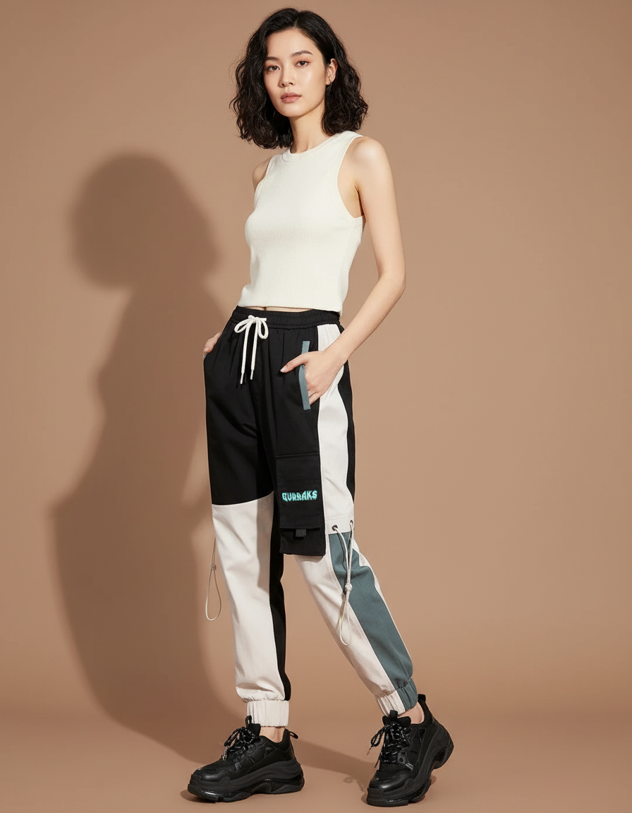Pantalon Cargo Bicolore Ample Streetwear Femme Multi-Poches - Multicolore Gabardine